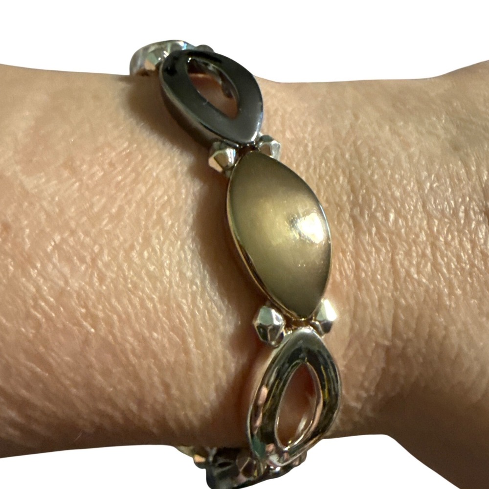 Mixed Metal Tri Tone Stretch Link‎ Bracelet Gold Silver Gunmetal Oval Geometric